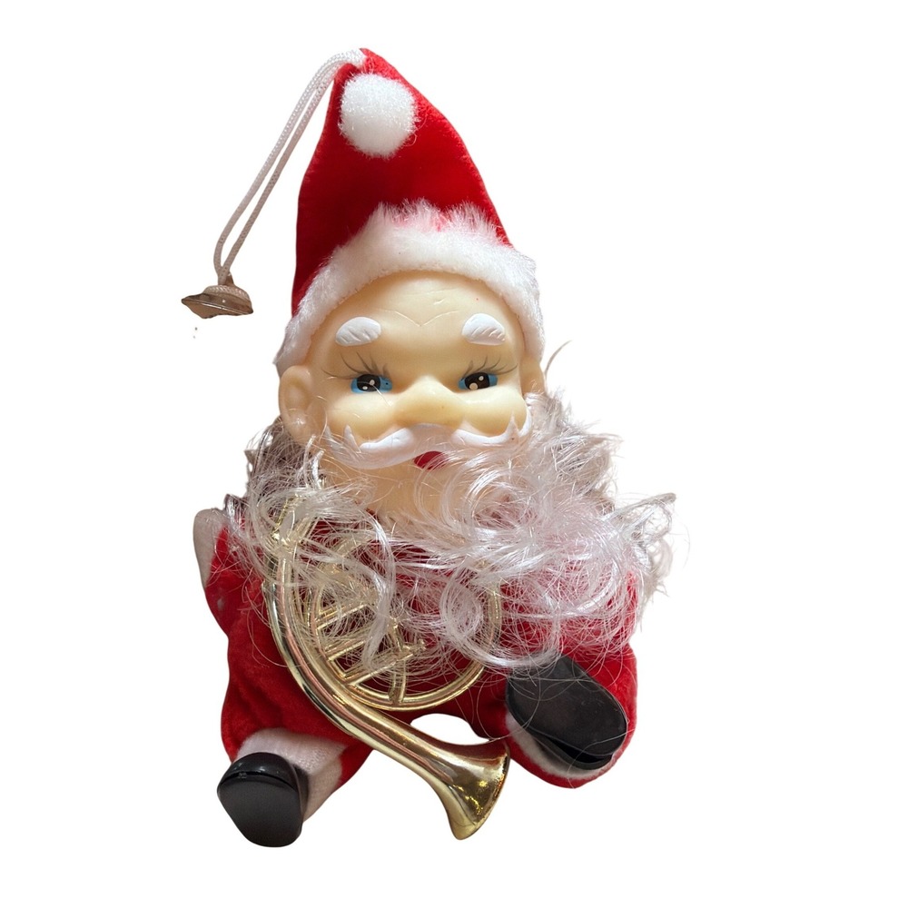 Vintage Santa Claus Window Ornament Suction Cup French Horn Plush Japan Noise